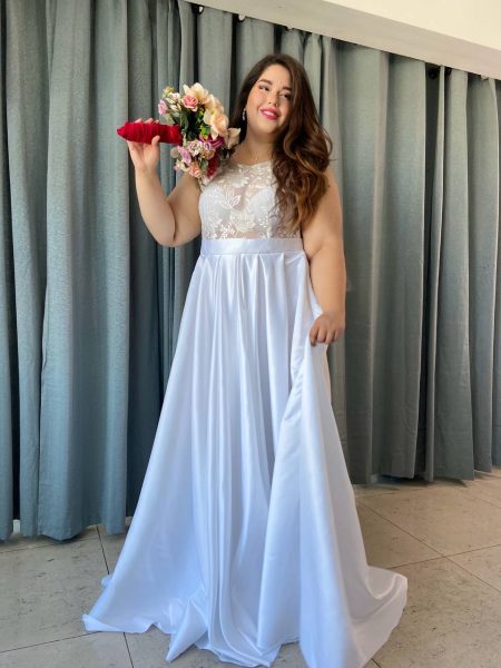 Modelo Marsella - Vestido largo blanco con top transparente y falda larga de satin