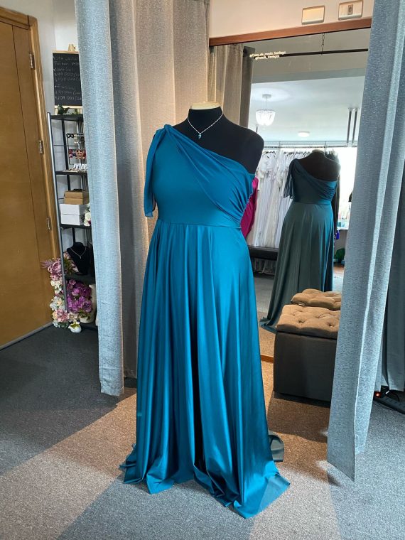 Vestido Miranda color Petróleo Asimétrico con tiras de gasa multiformas falda Larga