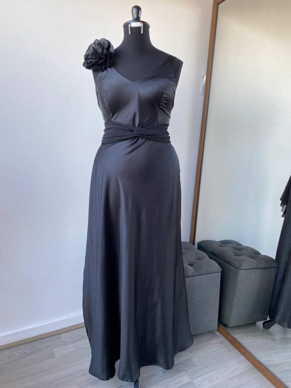 Vestido Jennifer color Negro Piel de Ángel con tiras de gasa multiformas falda Larga "Apegada" Talla : "L-XL"