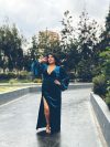 Vestido Amaral color Verde Petróleo con mangas Globo  falda Larga "Apegada" con tajo