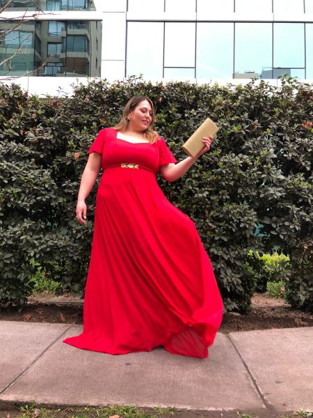 Vestido Diva con falda Larga de gasa color Rojo mangas plato talla "XL-2XL"