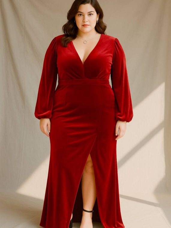 Vestido Amaral color Rojo con mangas Globo de Terciopelo "Apegada" con tajo Talla : "L-XL"