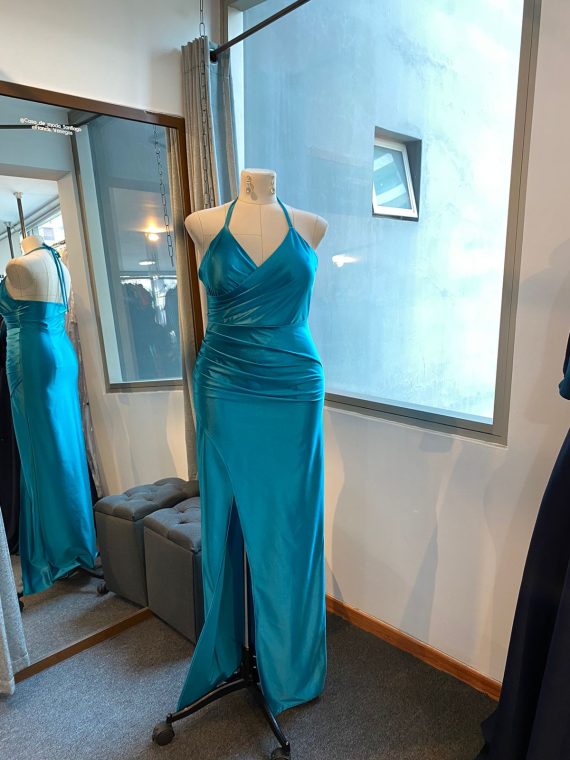 Vestido Rubí color Turquesa sin mangas falda Larga "Apegada" talla "S-M"