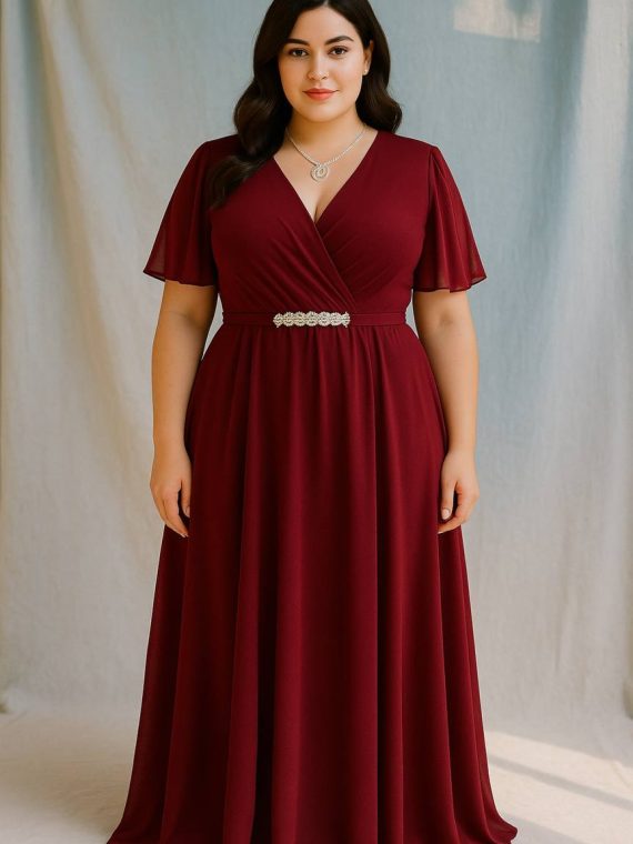 Vestido Verónica falda larga color burdeo talla "XL-2XL" Mangas de gasa