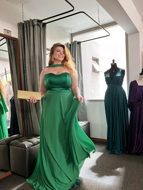 Vestido Largo Leslie Verde sin mangas y falda larga de Tela gasa y satin (Corsé) talla "XL"