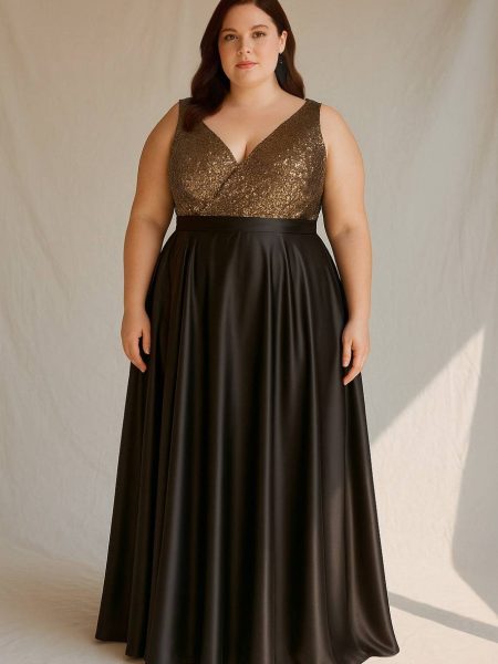 Vestido Emma con falda Larga de Satin y top de lentejuelas dorado (la espada escote en "V") talla "XL-2XL"