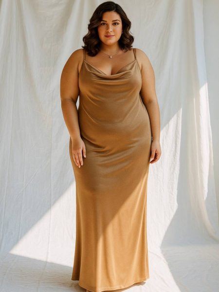 Vestido Eva color Beige (dorado) Terciopelo falda Larga "Apegada" Talla : "L-XL"