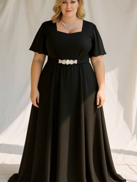 Vestido Diva con falda Larga de Crepe con mangas plato de gasa talla "XL-2XL"