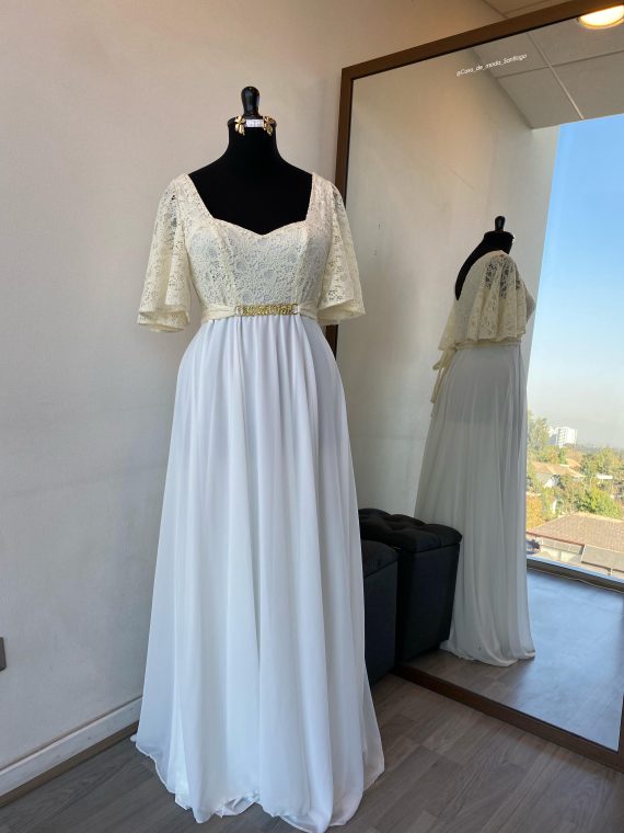Vestido Diva Espalda con escote en "V" mangas plato de Encaje "XL" color Ivory falda Larga de Gasa
