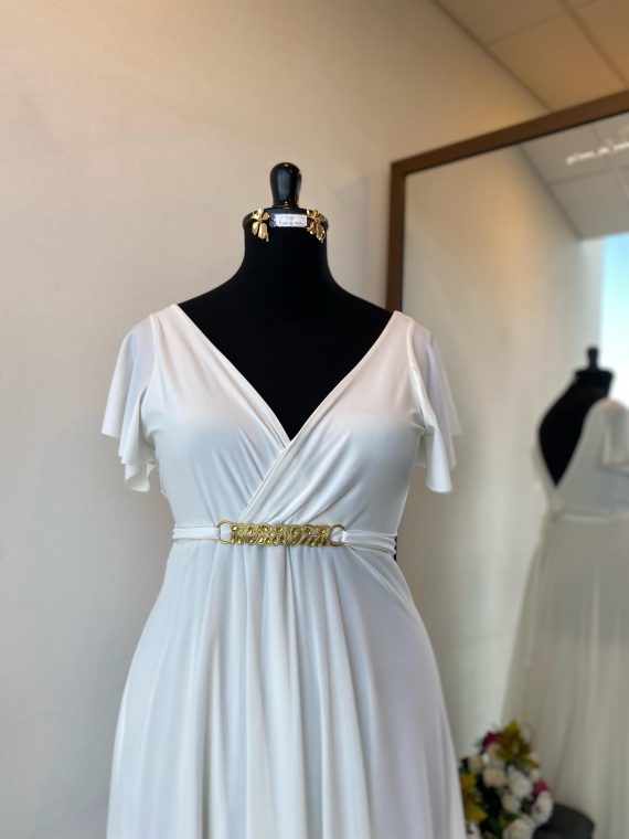 Vestido Emma Espalda con escote en "V" mangas palo talla "L" color Ivory falda Larga