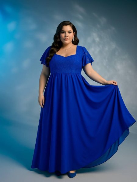 Vestido Diva con falda Larga de Gasa color Azul rey con mangas de encaje talla "XL"