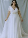 Vestido Mercedes con mangas plato de encaje falda larga de Gasa talla "XL-2XL" color blanco