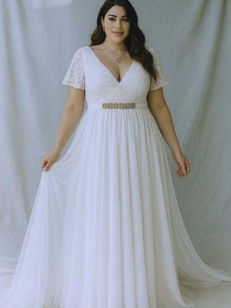 Vestido Mercedes con mangas plato de encaje falda larga de Gasa talla "XL-2XL" color blanco