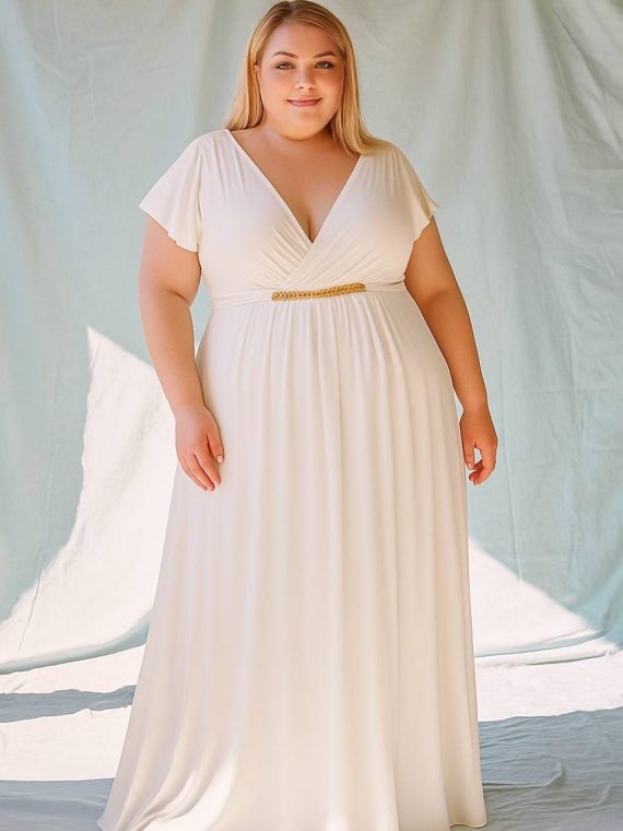 Vestido Emma Espalda con escote en "V" mangas palo talla "L" color Ivory falda Larga