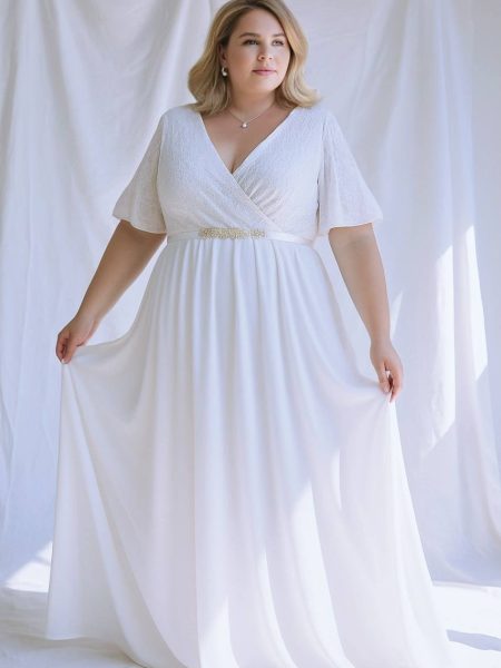 Vestido Verónica con mangas plato de encaje falda larga de Gasa talla "XL-2XL" color blanco