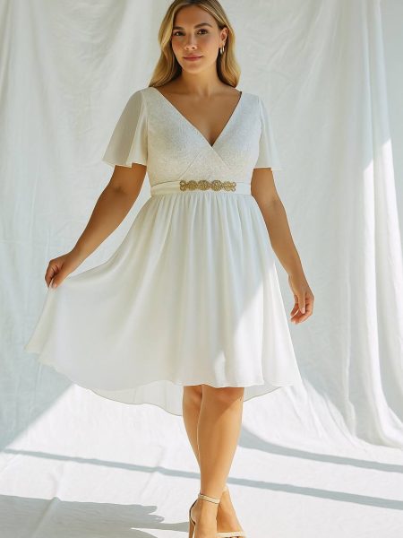 Vestido Lidia Espalda con escote en "V" mangas plato "M-L" color Ivory falda corta de gasa