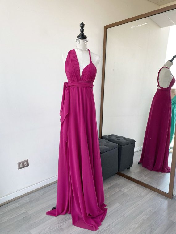 Vestido Gracia Plisado Magenta falda larga de Tela gasa +crepe talla "M-L"