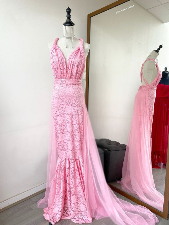 Vestido Galaxia (Exclusivo para arriendo) sirena (apegado) Rosa Barbie falda larga con cola "XS"