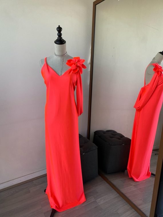Vestido Luz color Naranja, falda Recta con tajo, Talla M-L