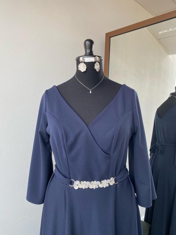 Vestido Mercedes con falda Larga de Crepe color Azul Marino con mangas 3/4