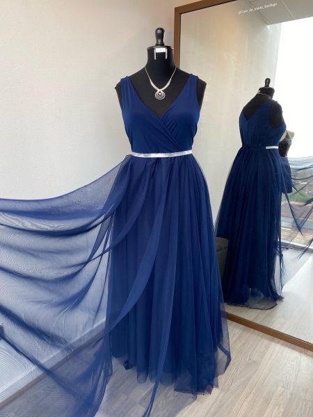 Vestido Lidia Largo sin mangas color azul marino falda de Tul talla "XL"