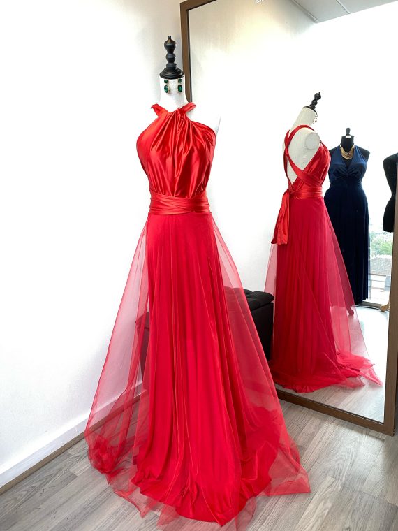 Vestido Pamela color Rojo cuello Halter falda Larga de Tul Talla : "S"