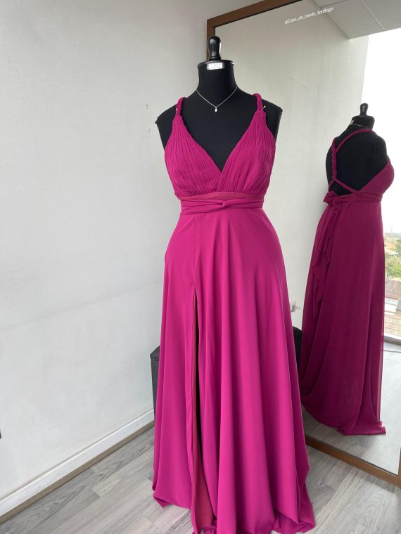 Vestido Gracia Plisado Magenta falda larga de Tela gasa +crepe talla "M-L"