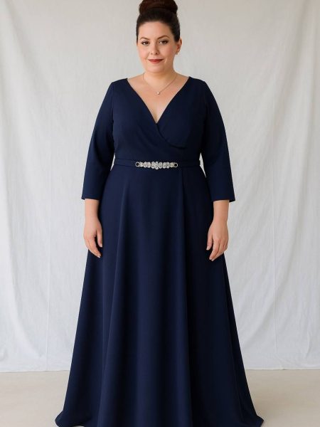 Vestido Mercedes con falda Larga de Crepe color Azul Marino con mangas 3/4 talla "4XL"