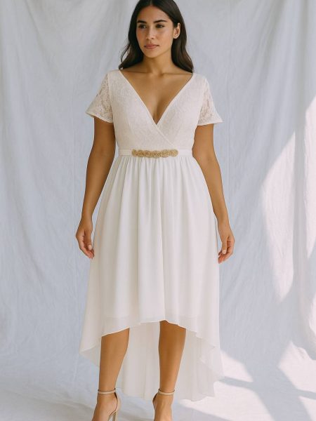Vestido Mercedes con mangas de encaje marfil con falda asimétrica de gasa talla "M-L"