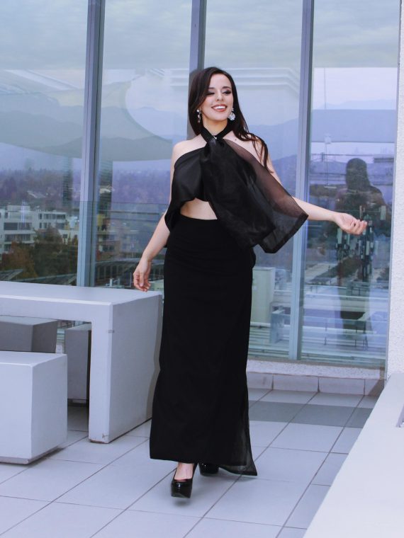 Conjunto Melodía Estelar, top de muselina y falda recta con tajo, color negro talla S-M