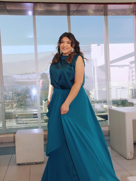 Vestido Amanda con falda Larga de Gasa color Petróleo top de Satín talla "M-L-XL"