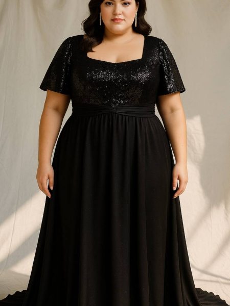 Vestido Diva con falda Larga de Gasa color negro con mangas de lentejuelas talla "XL-2XL"