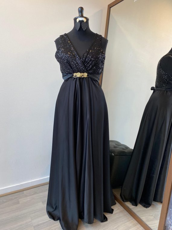 Vestido Emma con falda Larga color Negro top de Lentejuelas (la espada escote en "V") talla "L-XL"