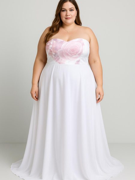 Vestido de novia talla "L-XL" Leslie sin mangas strapless (corsé) y falda larga de gasa top con estampado