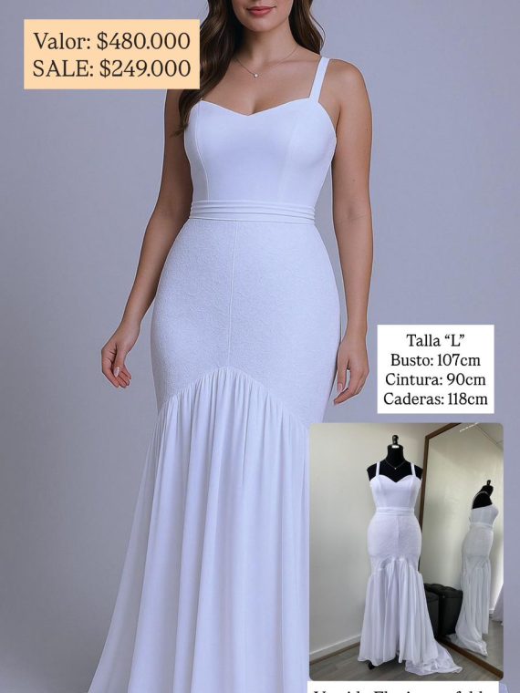 Vestido Flavia falda sirena de Encaje y cola de gasa talla "M-L" color Blanco