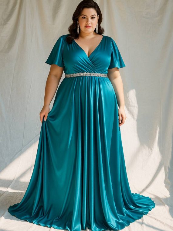 Vestido Lidia Largo con mangas tela satinada desde la talla "L-XL"
