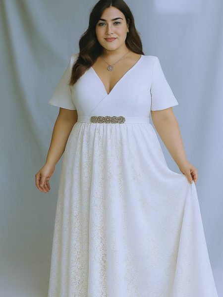 Vestido Mercedes con mangas plato falda larga de Encaje talla "XL-2XL" color Blanco