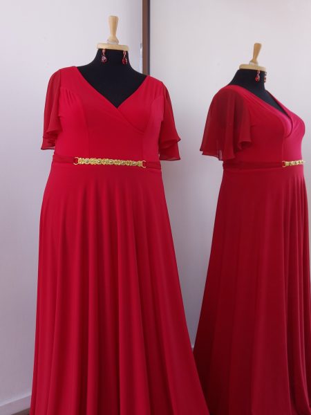 Vestido Mercedes de tela satinada color Rojo mangas plato talla "XL-2XL"