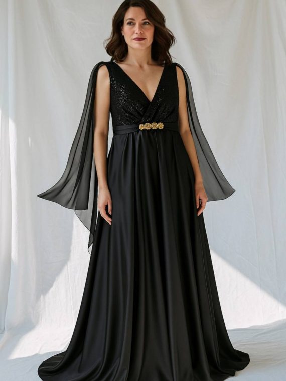 Vestido Emma con falda Larga negro top de lentejuelas (la espada escote en "V") talla "L-XL"