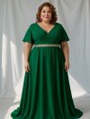 Vestido Mercedes con falda Larga de Crepe color Verde con mangas Plato talla "2XL-3XL"