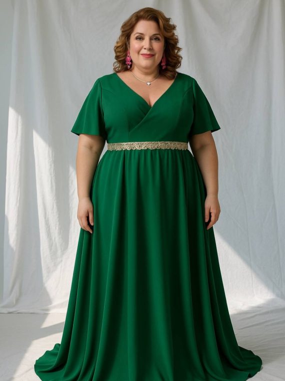 Vestido Mercedes con falda Larga de Crepe color Verde con mangas Plato talla "2XL-3XL"