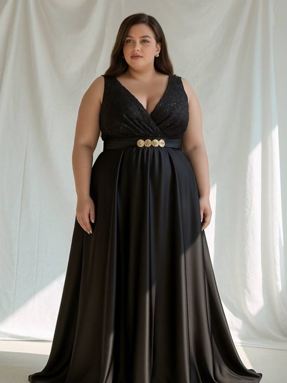 Vestido Emma con falda Larga color Negro top de Lentejuelas (la espada escote en "V") talla "L-XL"