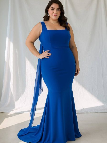 Vestido Fernanda, Crep Azul rey, Falda Sirena, talla L-XL