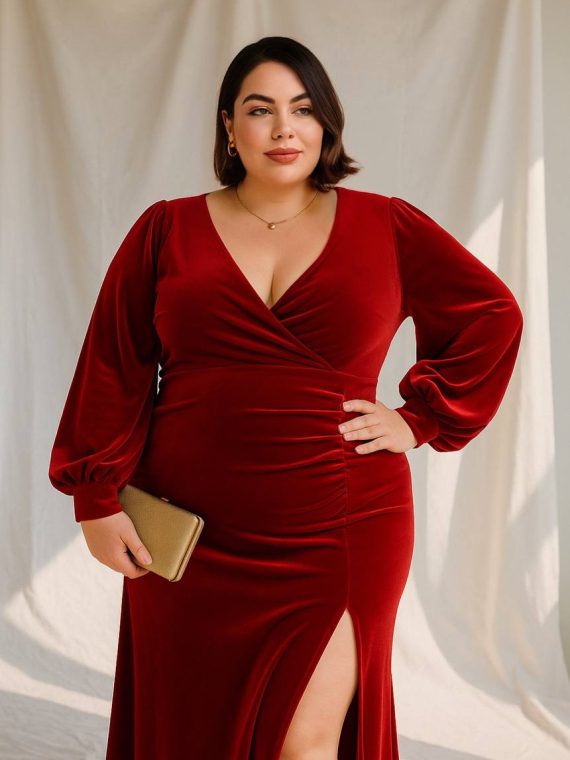 Vestido Amaral color Rojo con mangas Globo de Terciopelo "Apegada" con tajo Talla : "L-XL"