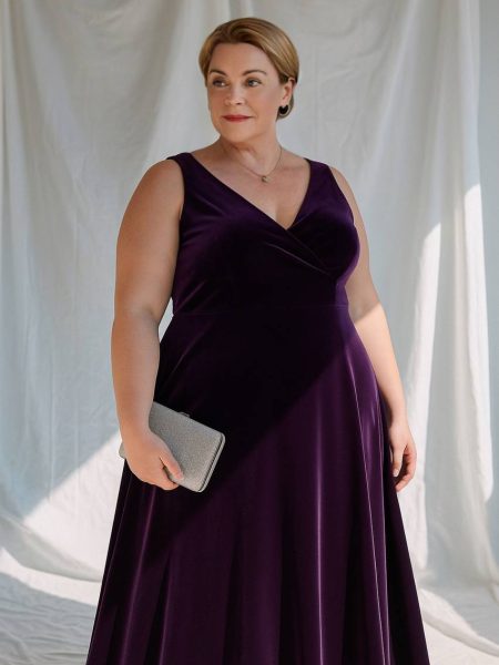 Vestido Jeniffer color Morado obispo Terciopelo falda Larga Talla : "L-XL"