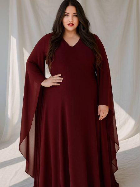 Vestido Marcela color Burdeo con mangas tipo "Alas"de Gasa falda Larga "Apegada" Talla : "L-XL"