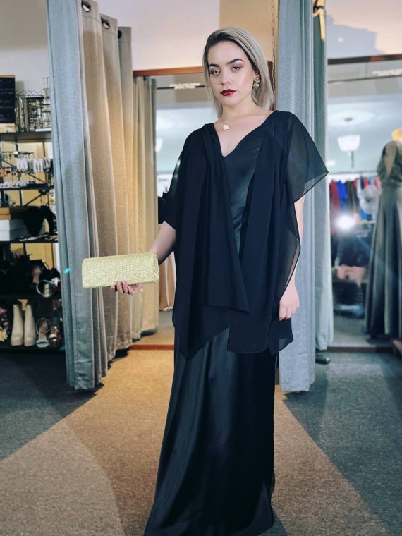 Vestido Jennifer color Negro Piel de Ángel con tiras de gasa multiformas falda Larga "Apegada" Talla : "L-XL"