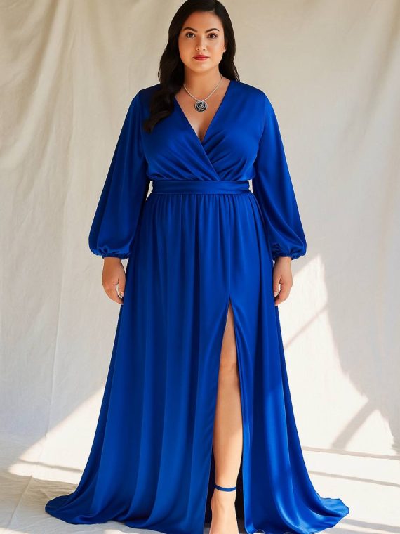 Vestido Veronica, Satin Azul Rey, manga murcielago, falda con tajo talla L-XL