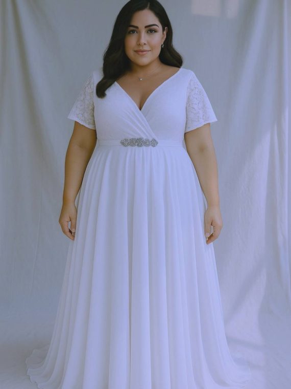 Vestido largo - Nataly en color blanco con encaje y con falda larga de gasa XL