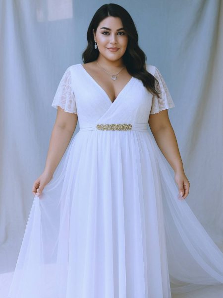 Vestido Mercedes con mangas plato de encaje falda de Tul talla "L-XL" Blanco